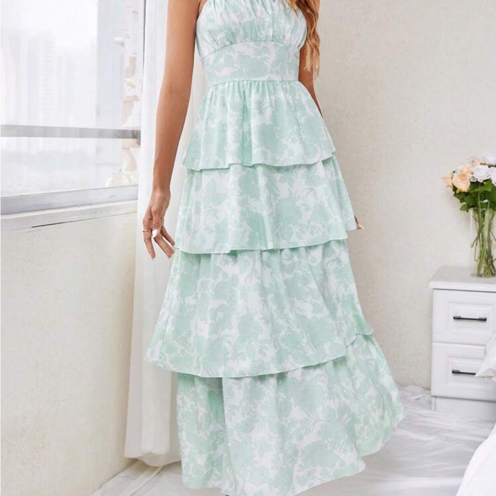 Green Ruffled Tiered Maxi Sundress for Weddings